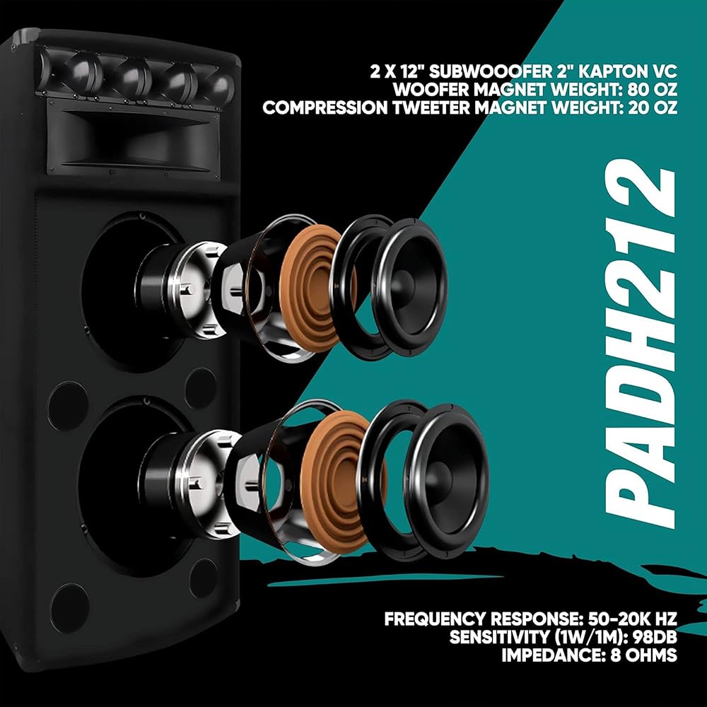 Pyle Portable Cabinet PA Speaker System 1600 Watt Outdoor Stereo Sound Speakers w/ Dual 12" Woofers, 3.4" Piezo Tweeters, 5"x12" Super Horn Midrange, Crossover Network