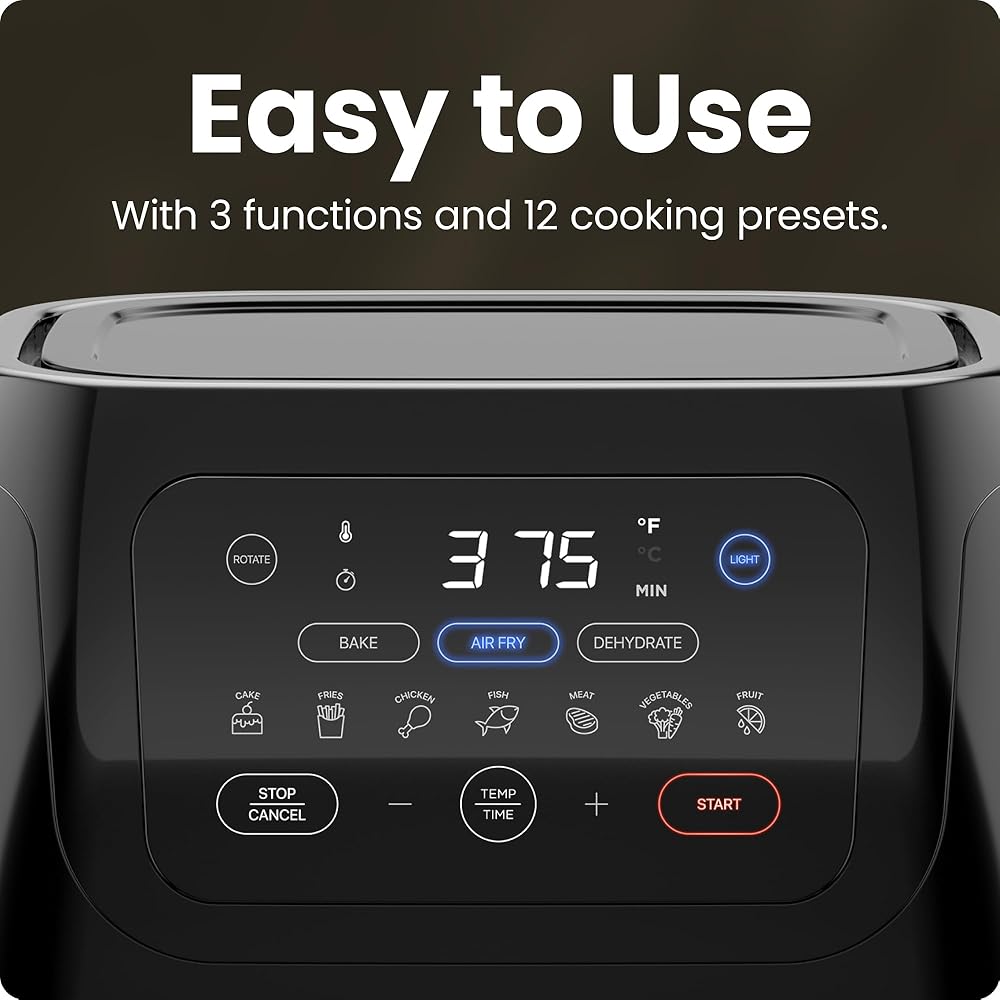 CHEFMAN Multifunctional Digital Air Fryer+ Rotisserie, Dehydrator, Convection Oven, 17 Touch Screen Presets Fry, Roast, Dehydrate, Bake, XL 10L Family Size, Auto Shutoff, Large Easy-View Window, Black
