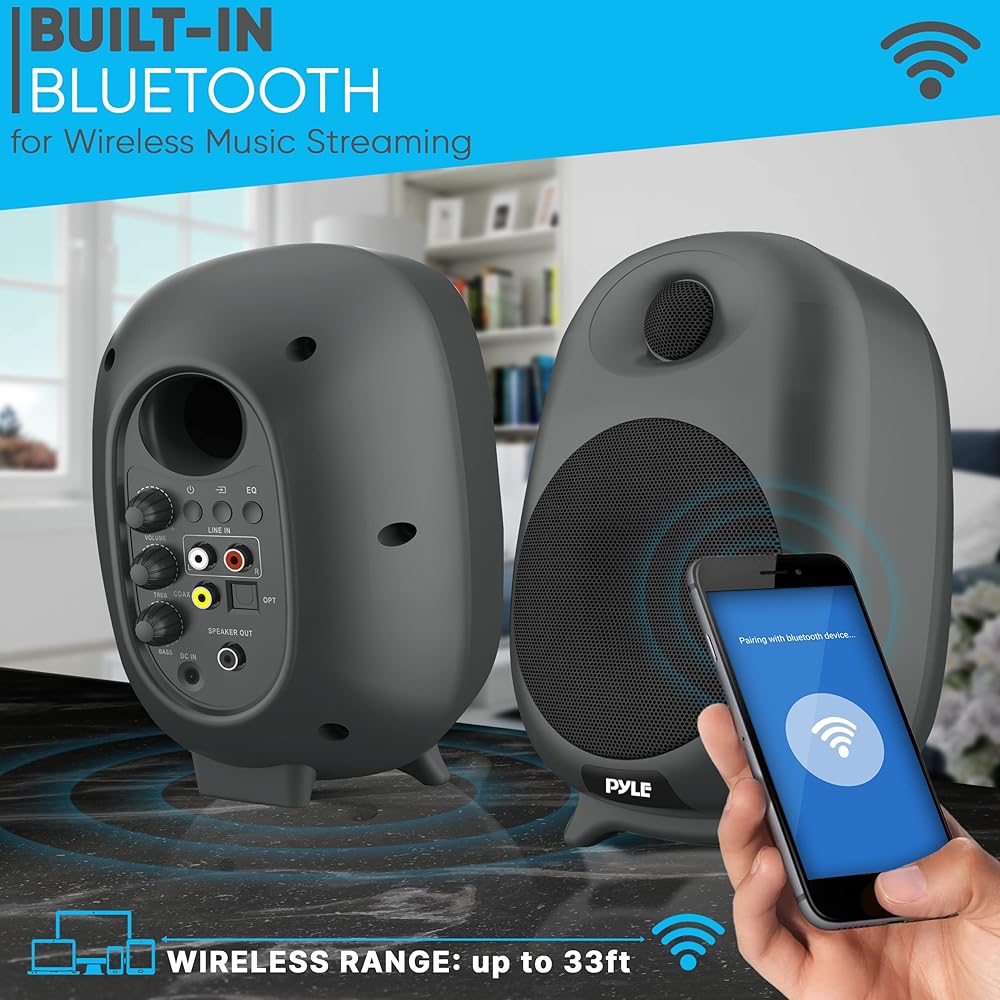 PyleUsa HiFi 60W Powered Bluetooth Bookshelf Monitor Speaker Set, Optical RCA Input, Bass/Treble Adjustable,Deep Bass, 3 Audio Mode,Studio Computer Desk Stereo System,Remote Control,Black PBKSR40