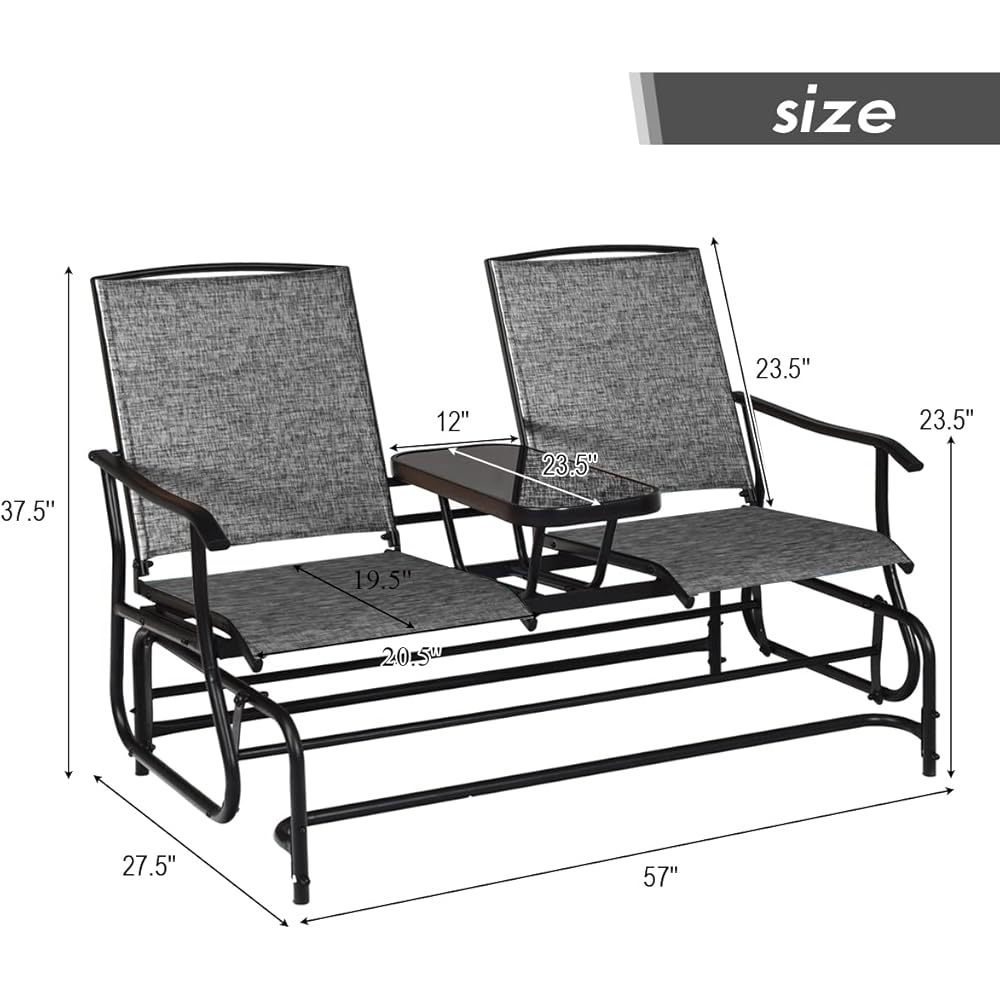 Giantex Patio Bench Glider Chair with Metal Frame, Center Tempered Glass Table, Outside Double Rocking Swing Loveseat for Porch, Garden, Poolside, Balcony, Lawn Rocker Outdoor Glider Bench(Gray)