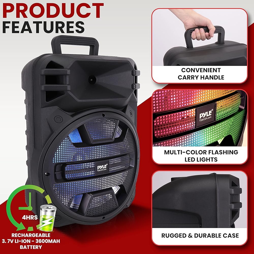 Pyle 12'' Portable Bluetooth Speaker System 800 Watts Karaoke Speaker w/ Latest DJ LED Lights, USB/FM/BT/Aux/Remote Control/Mic Inputs &amp; Built-in Rechargeable Battery PPHP1243B