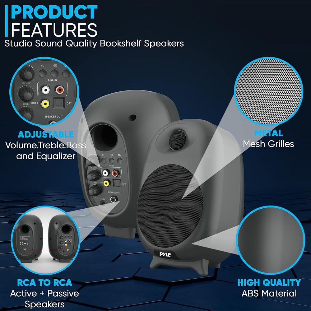 PyleUsa HiFi 60W Powered Bluetooth Bookshelf Monitor Speaker Set, Optical RCA Input, Bass/Treble Adjustable,Deep Bass, 3 Audio Mode,Studio Computer Desk Stereo System,Remote Control,Black PBKSR40
