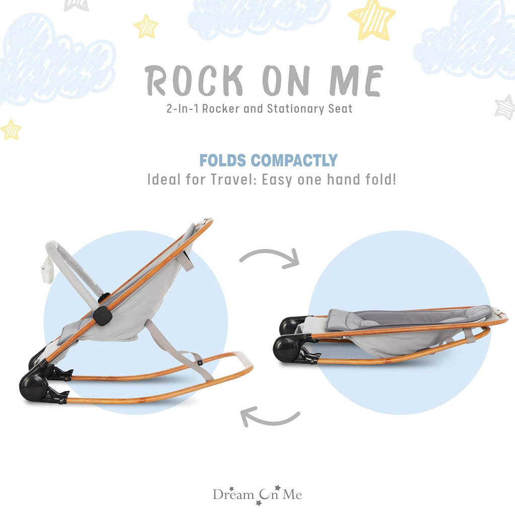 Dream on Me Rock with me 2-in-1 Rocker and Stationary Seat | Compact Portable Infant Rocker with Removable Toys Bar &amp; Hanging Toys in Grey