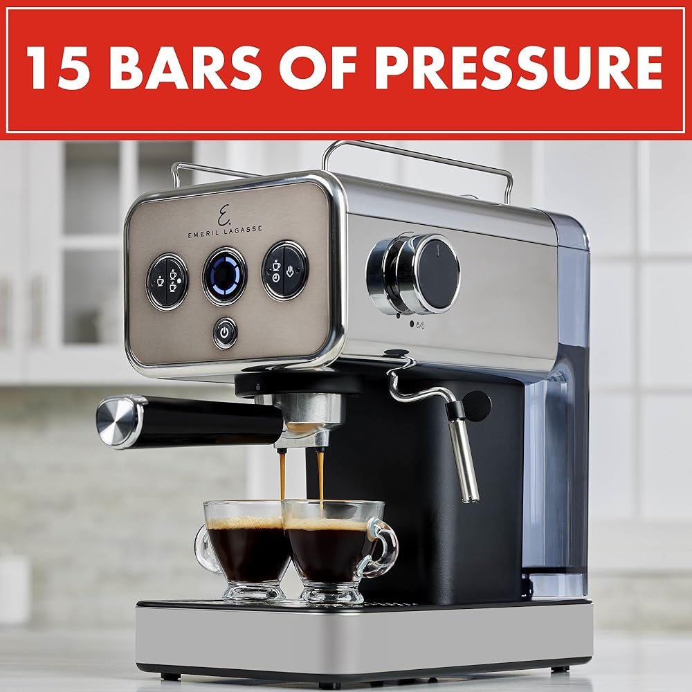 Emeril Lagasse Semi-Automatic 15-Bar Pro Espresso Machine with Milk Frother Steam Wand, Stainless Steel Finish, Double Shot, 37oz Removable Water Tank, Auto Shut-Off, 1350W