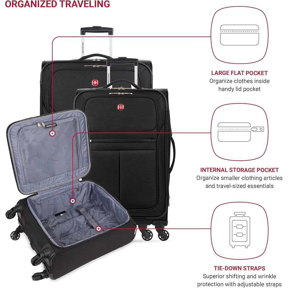 | SwissGear 4010 Softside Luggage with Spinner Wheels, Black, 3-Piece Set (18/23/27) | Suitcases