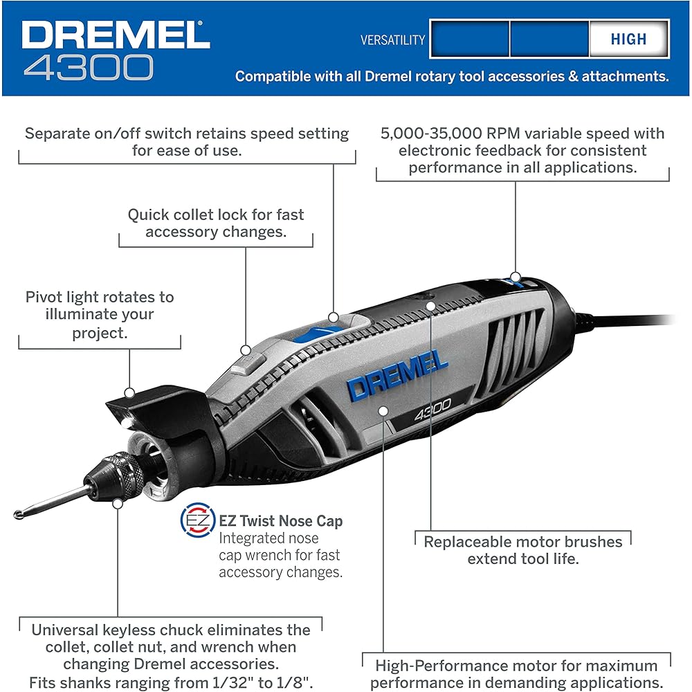 Dremel 4300-9/64 Rotary Tool Kit with Flex Shaft9 Attachments &amp; 64 AccessoriesEngraver, Router, Sander, and Polisher &amp; 2500-01 Rotary Tool Multi-Vise