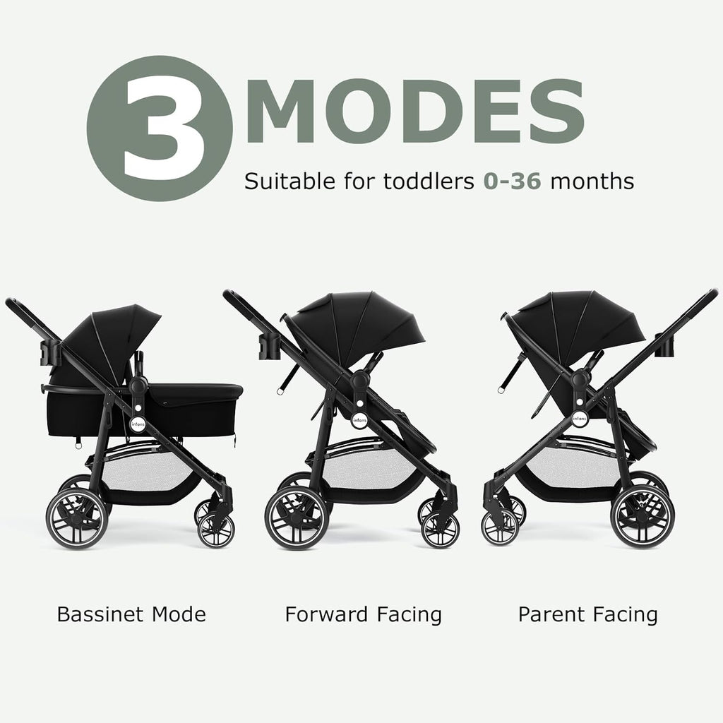 INFANS 2 in 1 Baby Stroller, High Landscape Infant Stroller &amp; Reversible Bassinet Pram, Foldable Pushchair with Adjustable Canopy, Storage Basket, Cup Holder, Suspension Wheels (Black)