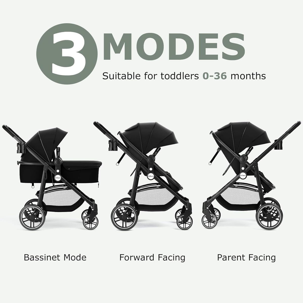 INFANS 2 in 1 Baby Stroller, High Landscape Infant Stroller &amp; Reversible Bassinet Pram, Foldable Pushchair with Adjustable Canopy, Storage Basket, Cup Holder, Suspension Wheels (Black)