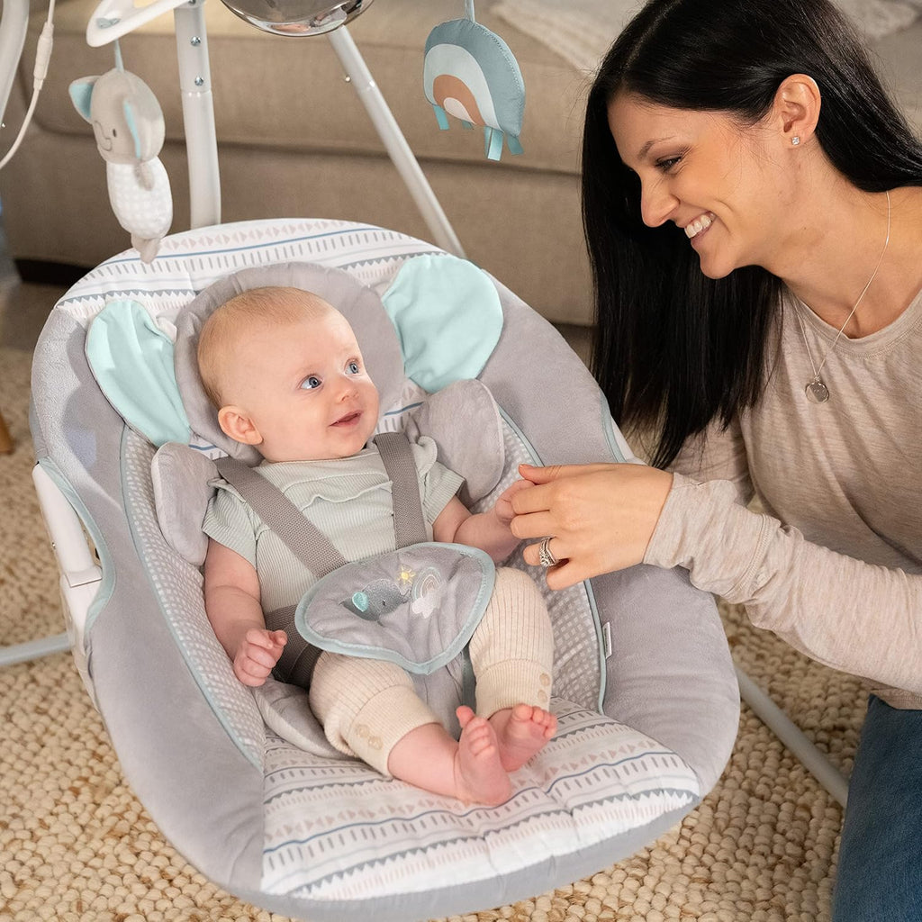 Ingenuity InLighten 5-Speed Baby Swing Swivel Infant Seat, 5 Point Safety Harness, Nature Sounds, Lights Van Elephant