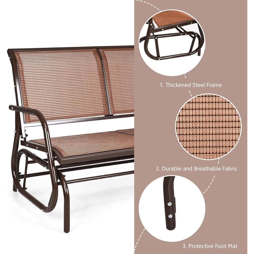 Giantex Swing Glider Chair 48 Inch with Spacious Space, 2 People Lounge Cozy Patio Bench Outdoor &amp; Indoor for Patio, Backyard, Poolside, Lawn Steel Rocking Garden Loveseat (Brown)