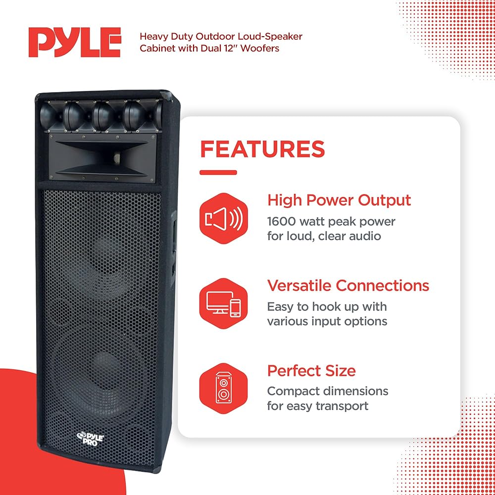 Pyle Portable Cabinet PA Speaker System 1600 Watt Outdoor Stereo Sound Speakers w/ Dual 12" Woofers, 3.4" Piezo Tweeters, 5"x12" Super Horn Midrange, Crossover Network