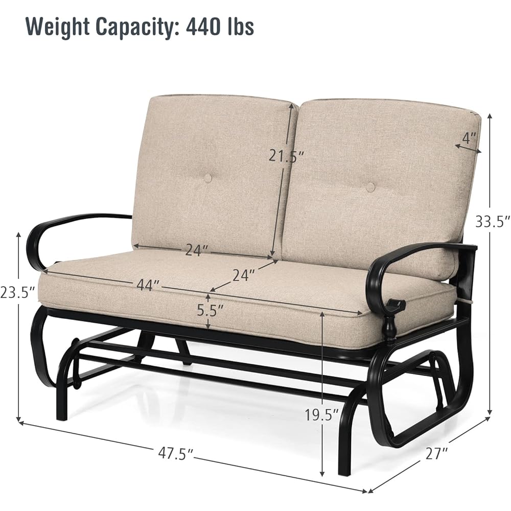 Giantex Outdoor Glider Bench, Patio 2 Person Loveseat with Removable Cushion, Thick Padded Seat, Stable Steel Frame, Outside Glider Swing Chair for Deck, Poolside, Yard, Balcony, Porch, Beige
