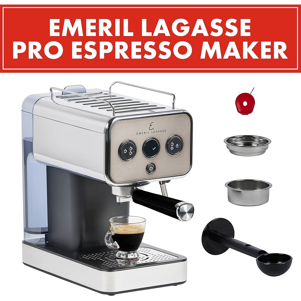 Emeril Lagasse Semi-Automatic 15-Bar Pro Espresso Machine with Milk Frother Steam Wand, Stainless Steel Finish, Double Shot, 37oz Removable Water Tank, Auto Shut-Off, 1350W