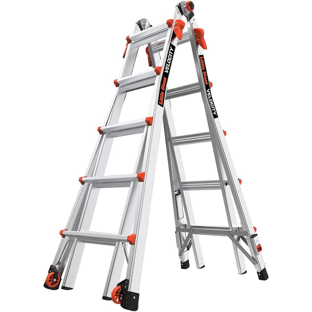 Little Giant Ladders Velocity, 22-Ft Folding Multi-Position Ladder, Aluminum, 300 lb Load Capacity, Type 1A Extra Heavy Duty, 22-Ft Reach, with Ratchet Levelers and Wheels (15422-801)
