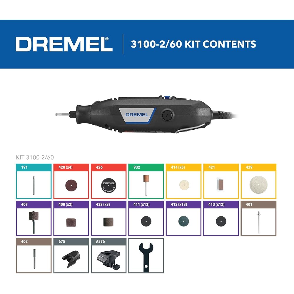 Dremel 3100-2/60 Variable Speed Rotary Tool Kit2 Attachments and 60 Accessories, Ideal for a Variety of Crafting and DIY ProjectsCutting, Sanding, Grinding, Polishing, Drilling, and Engraving