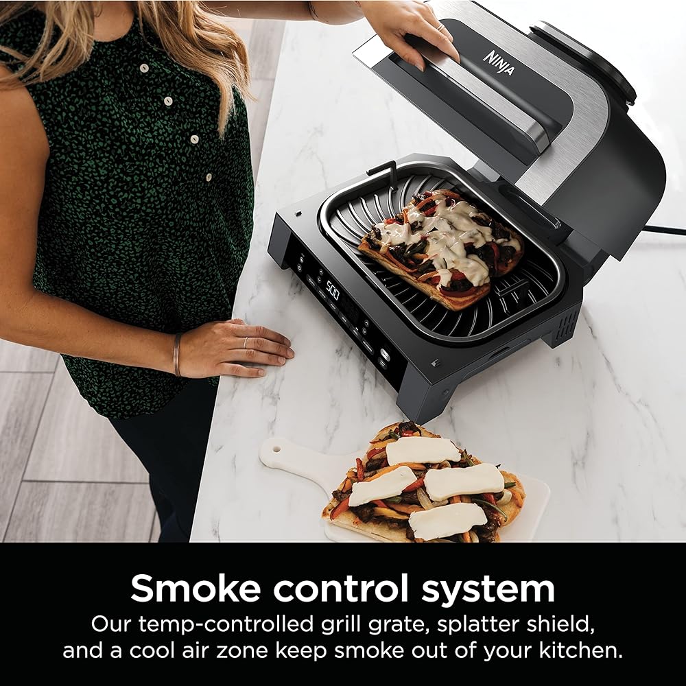 Ninja DG551 Foodi Smart XL 6-in-1 Indoor Grill with Air Fry, Roast, Bake, Broil, &amp; Dehydrate, Foodi Smart Thermometer, 2nd Generation, Black/Silver