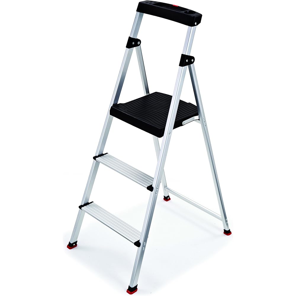 Rubbermaid 3-Step Ladder, Aluminum Lightweight Folding Step Stool with Project Top, Silver, Tested to US Safety Standards, No Assembly Required