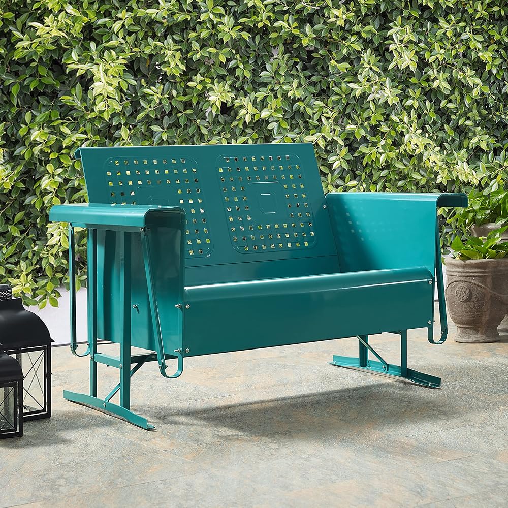 Crosley Furniture Bates Retro Metal Outdoor Loveseat Glider, 2-Person Rocking Patio Bench for Porch, Deck, Turquoise Gloss
