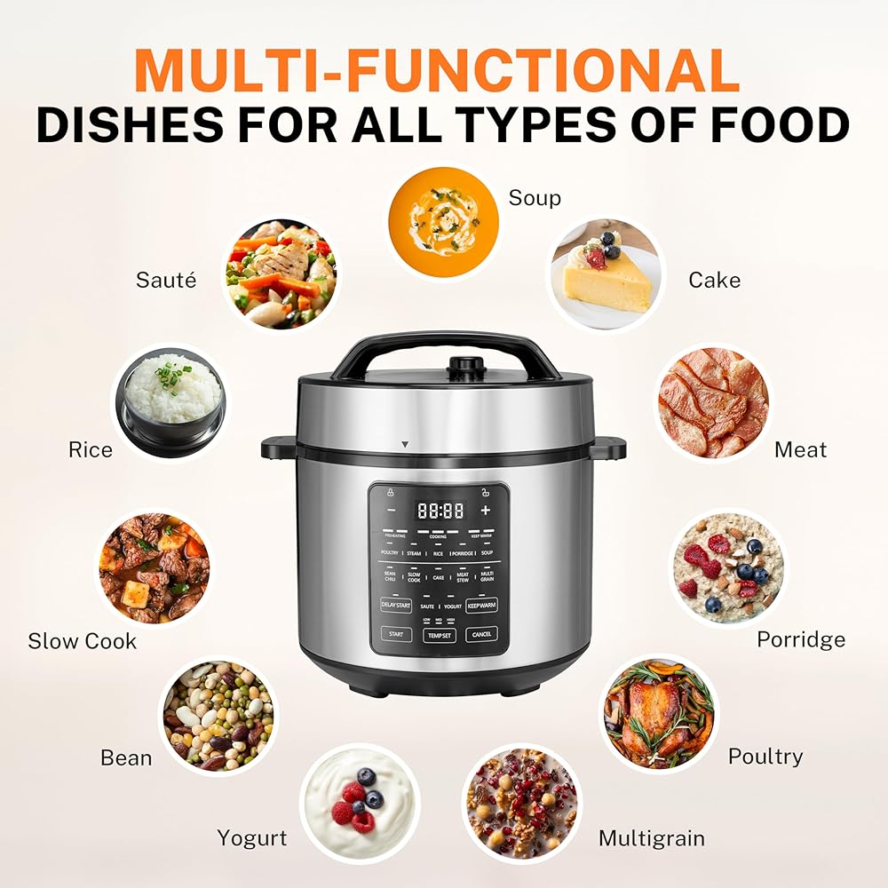 Simple Deluxe 12-in-1 Electric Pressure Cooker, 6QT Stainless Steel &amp; Non-Stick Multi Cooker for Slow Cook, Meat Stew, Cake, Porridge, Multigrain, Dishwasher Safe, Silver