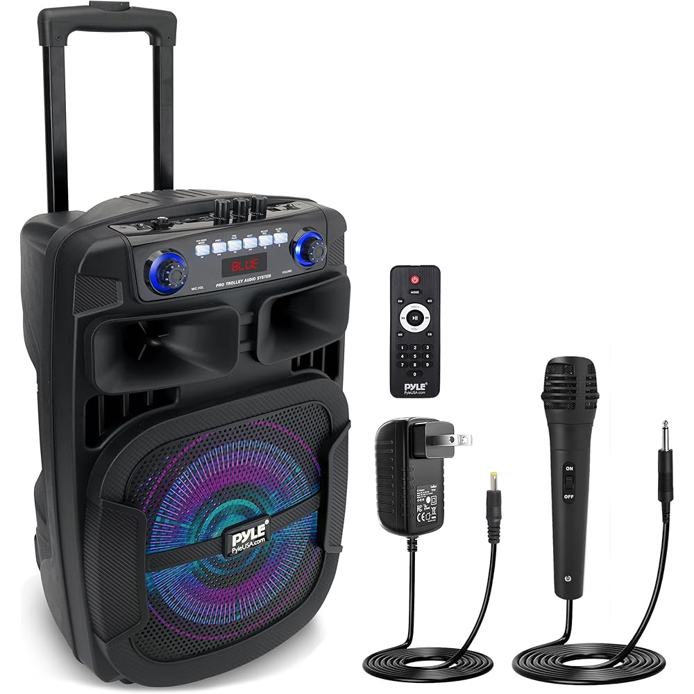 Pyle Portable Bluetooth PA Speaker System 800W 12 Inch Outdoor Speaker with Built-In Party Lights USB/SD Card Reader, FM Radio, Extendable Handle w/ Wheels Includes Wired Microphone &amp; Remote
