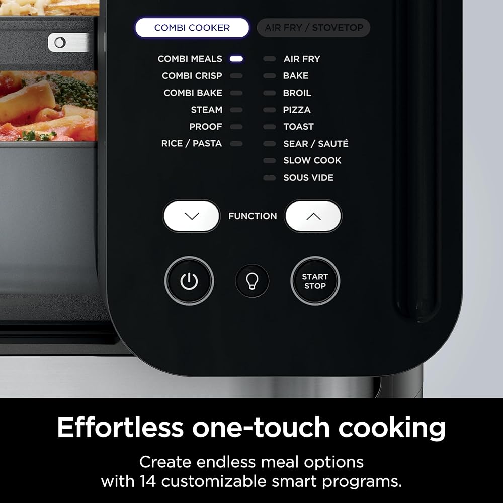 Ninja Combi All-in-One Multicooker, Oven, &amp; Air Fryer, Complete Meals in 15 Mins, 14-in-1 Functions, Combi Cooker + Air Fry, Bake, Roast, Slow Cook and More, 3 Accessories, Stainless Steel, SFP701