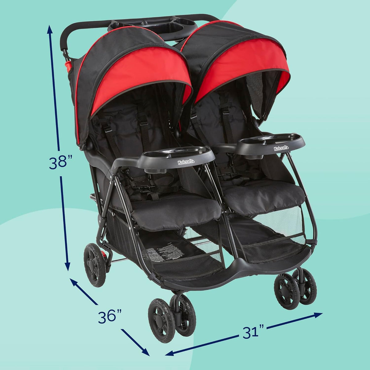 Kolcraft Cloud Plus Double Stroller Side by Side for Baby and Toddler, Compact and Travel Friendly, Reclining Seats, Child &amp; Parent Trays, Large Storage, Extendable Canopies, Collapsible Red/Black