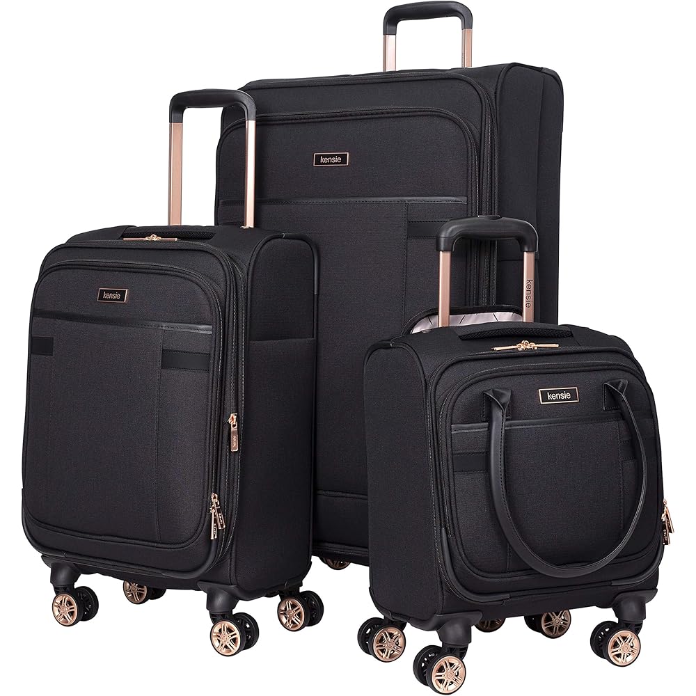 | kensie Hudson Softside Spinner Luggage, Black with Rose Gold, 3-Piece Set (16/20/28) | Luggage Sets