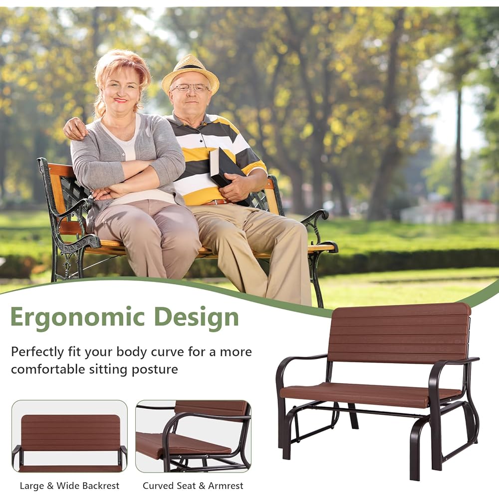 Tangkula Outdoor Glider Bench, Porch Glider Loveseat Swing Bench with w/Steel Frame, 2-Seat Rocking Chair for Porch, Garden, Backyard, Lawn (Coffee)