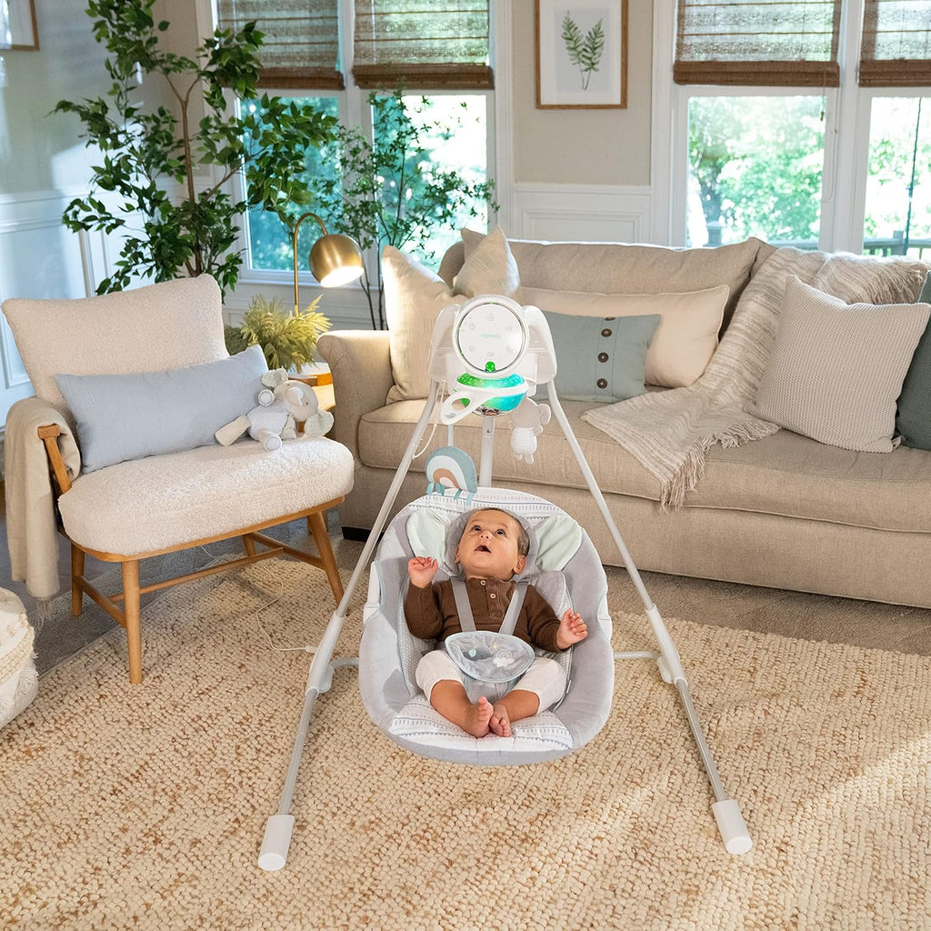 Ingenuity InLighten 5-Speed Baby Swing Swivel Infant Seat, 5 Point Safety Harness, Nature Sounds, Lights Van Elephant