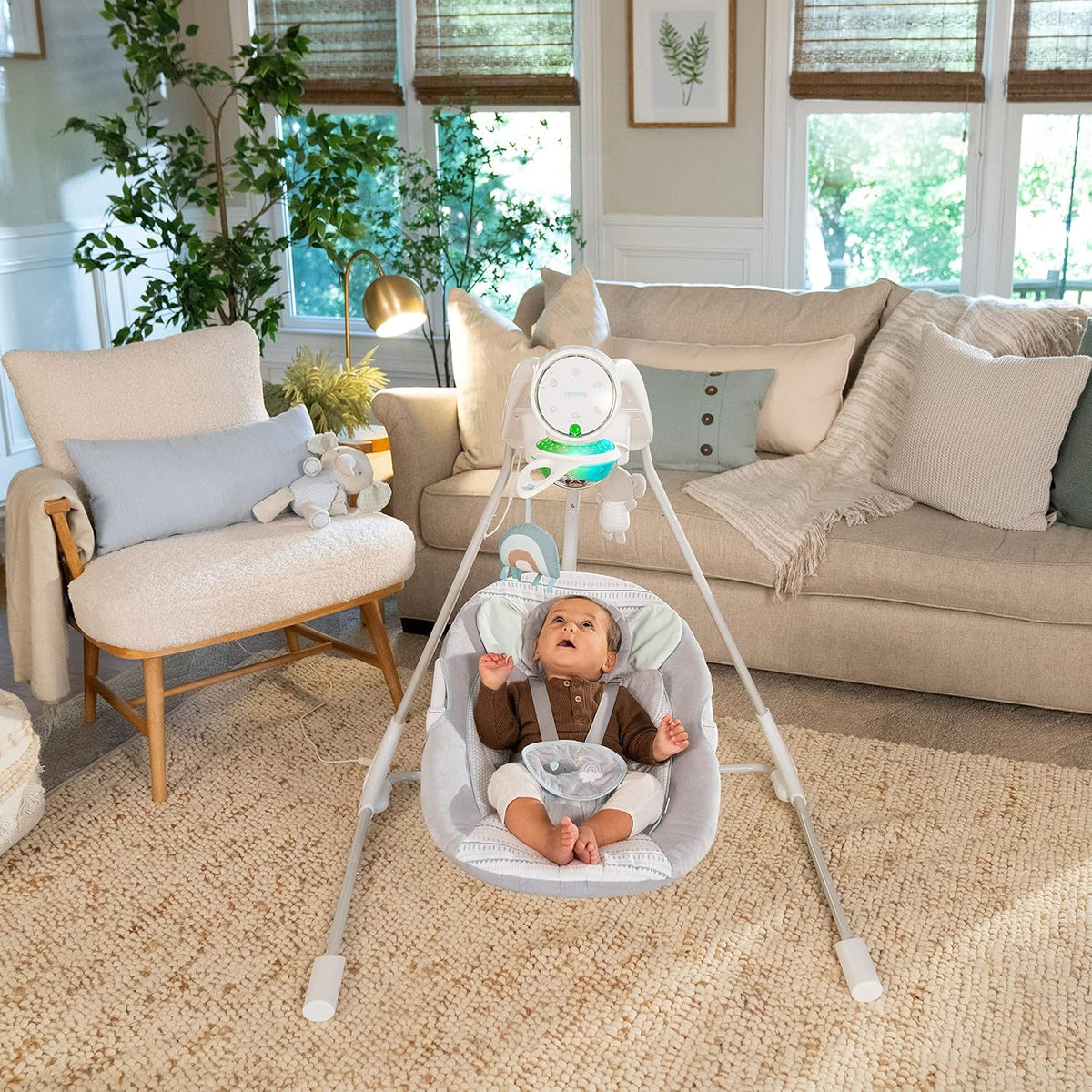 Ingenuity InLighten 5-Speed Baby Swing Swivel Infant Seat, 5 Point Safety Harness, Nature Sounds, Lights Van Elephant