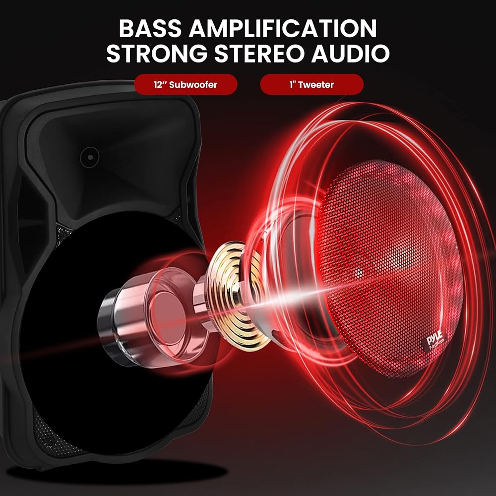 PyleUsa Portable Bluetooth PA Speaker-300W 12” Rechargeable Indoor/Outdoor BT Karaoke Audio System LED Display, FM/AUX/MP3/USB/SD,1/4" in, Handle, Wheels-Wireless &amp; Wired Mic, Remote Control