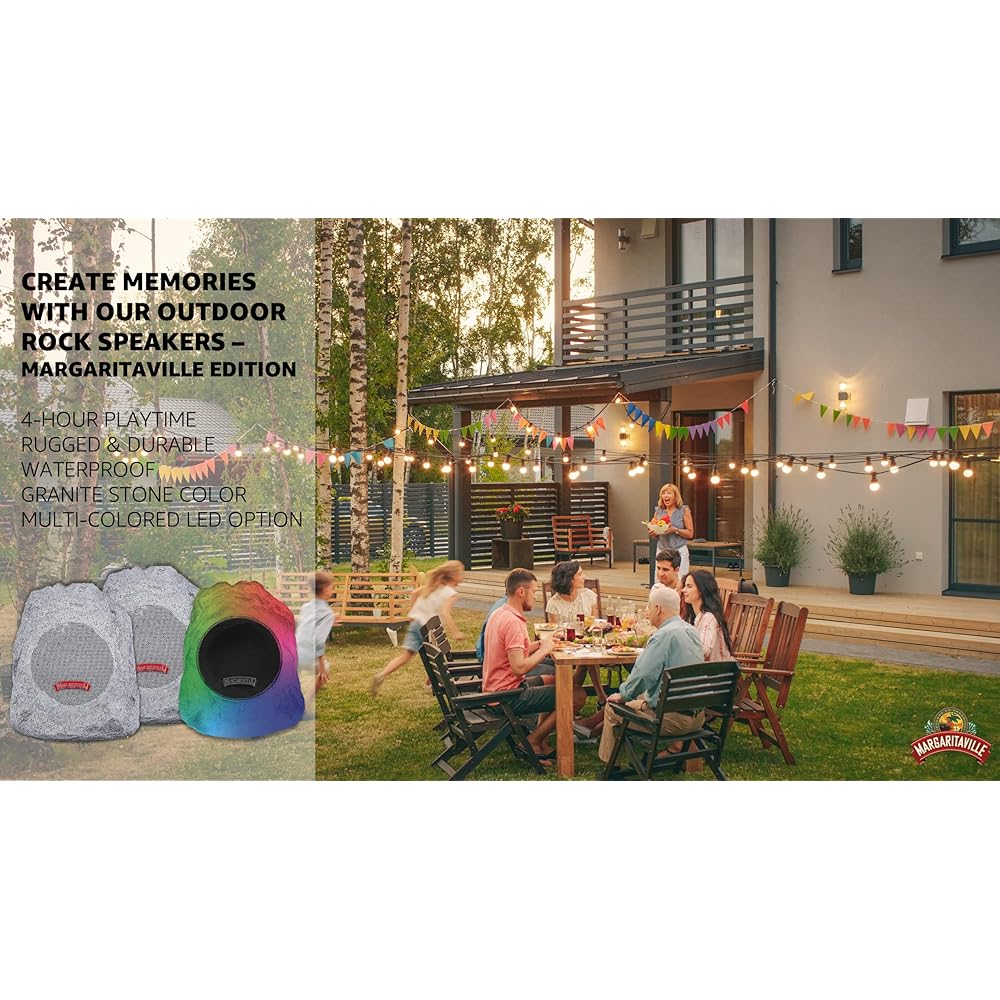 Margaritaville “On The Rock” Outdoor Bluetooth Wireless Speaker | Durable Bluetooth Speakers, Fantastic Yard or Patio Decor, IPX-4 Waterproof Rated, Granite Grey (Two Pack)