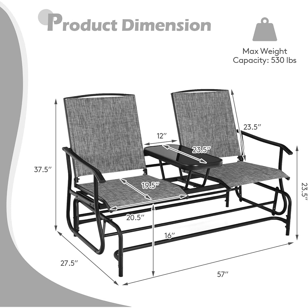 FANTASK 2 Person Outdoor Glider Bench w/Tempered Glass Table, Swing Patio Glider Chair with Steel Frame &amp; Breathable Seat, Double Rocking Chair for Porch, Poolside, Patio, Garden (Grey)