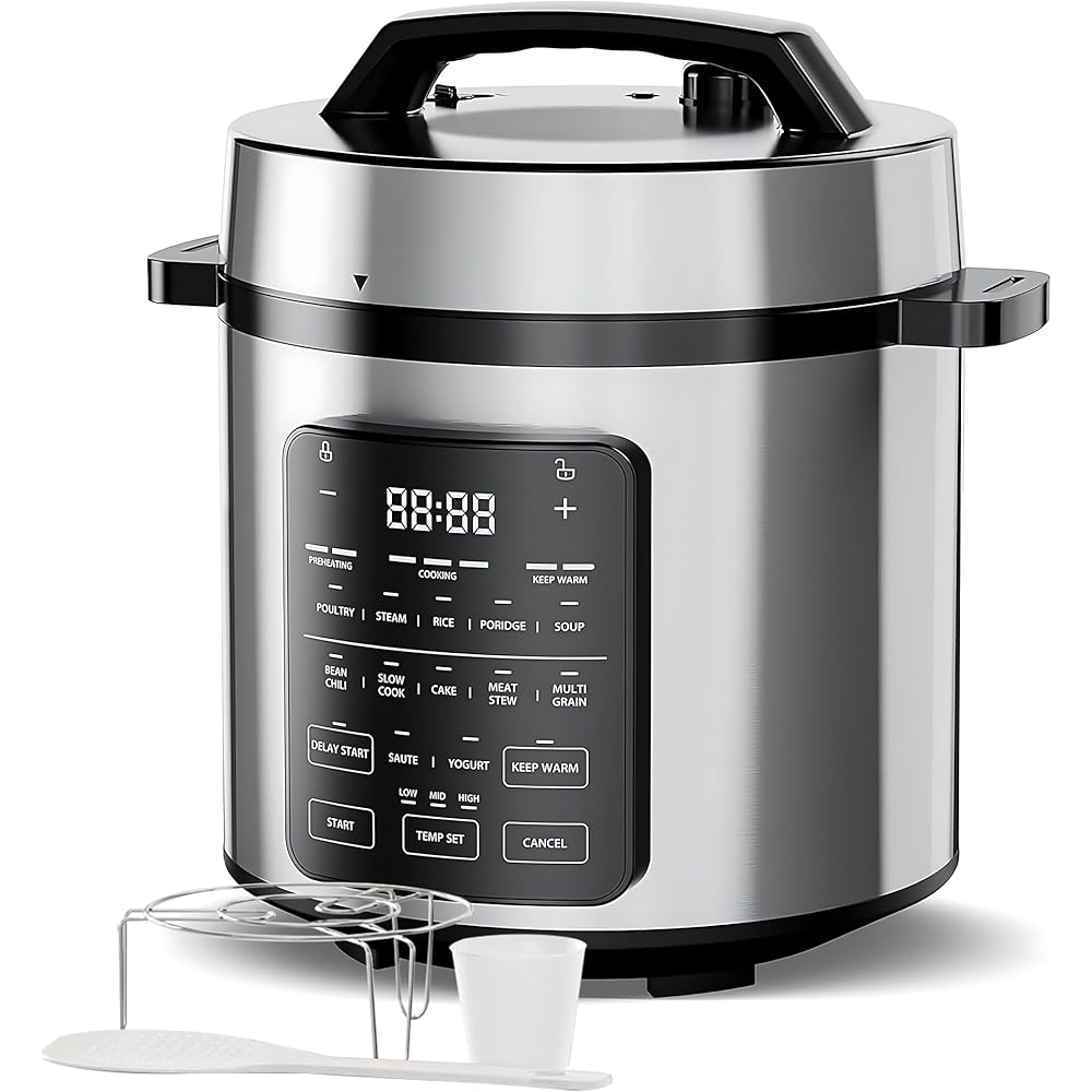 Simple Deluxe 12-in-1 Electric Pressure Cooker, 6QT Stainless Steel &amp; Non-Stick Multi Cooker for Slow Cook, Meat Stew, Cake, Porridge, Multigrain, Dishwasher Safe, Silver
