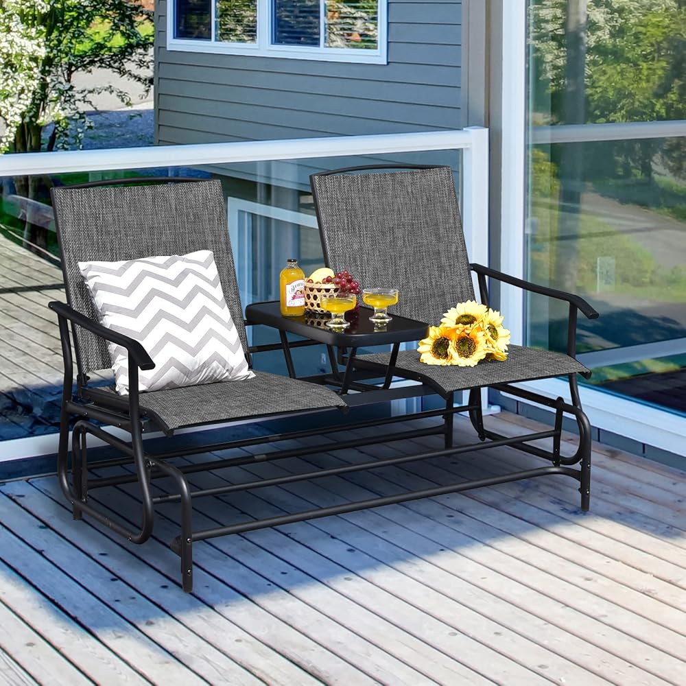 FANTASK 2 Person Outdoor Glider Bench w/Tempered Glass Table, Swing Patio Glider Chair with Steel Frame &amp; Breathable Seat, Double Rocking Chair for Porch, Poolside, Patio, Garden (Grey)