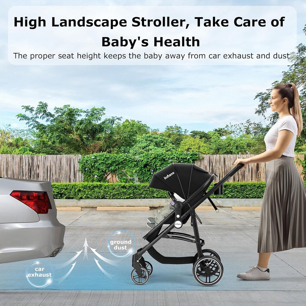INFANS 2 in 1 Baby Stroller, High Landscape Infant Stroller &amp; Reversible Bassinet Pram, Foldable Pushchair with Adjustable Canopy, Storage Basket, Cup Holder, Suspension Wheels (Black)