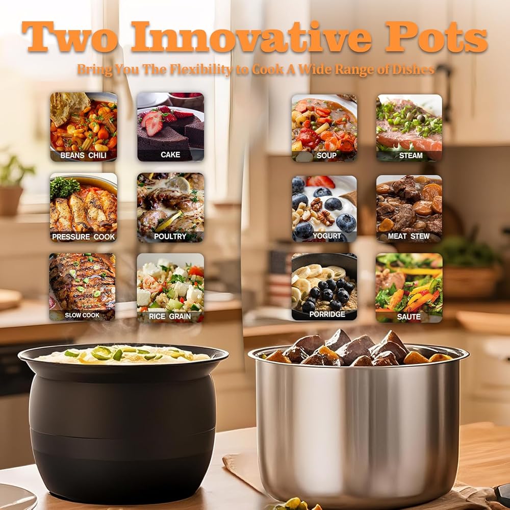 Fullwill Electric Pressure Cooker 6QT Dual Pots, 12 in 1 MultiFunction Cooker with 304 Stainless Steel &amp; Ceramic Pots, Pressure Cook, Soup, Porridge, Yogurt, Meat Stew, Rice, Poultry, Beans and More