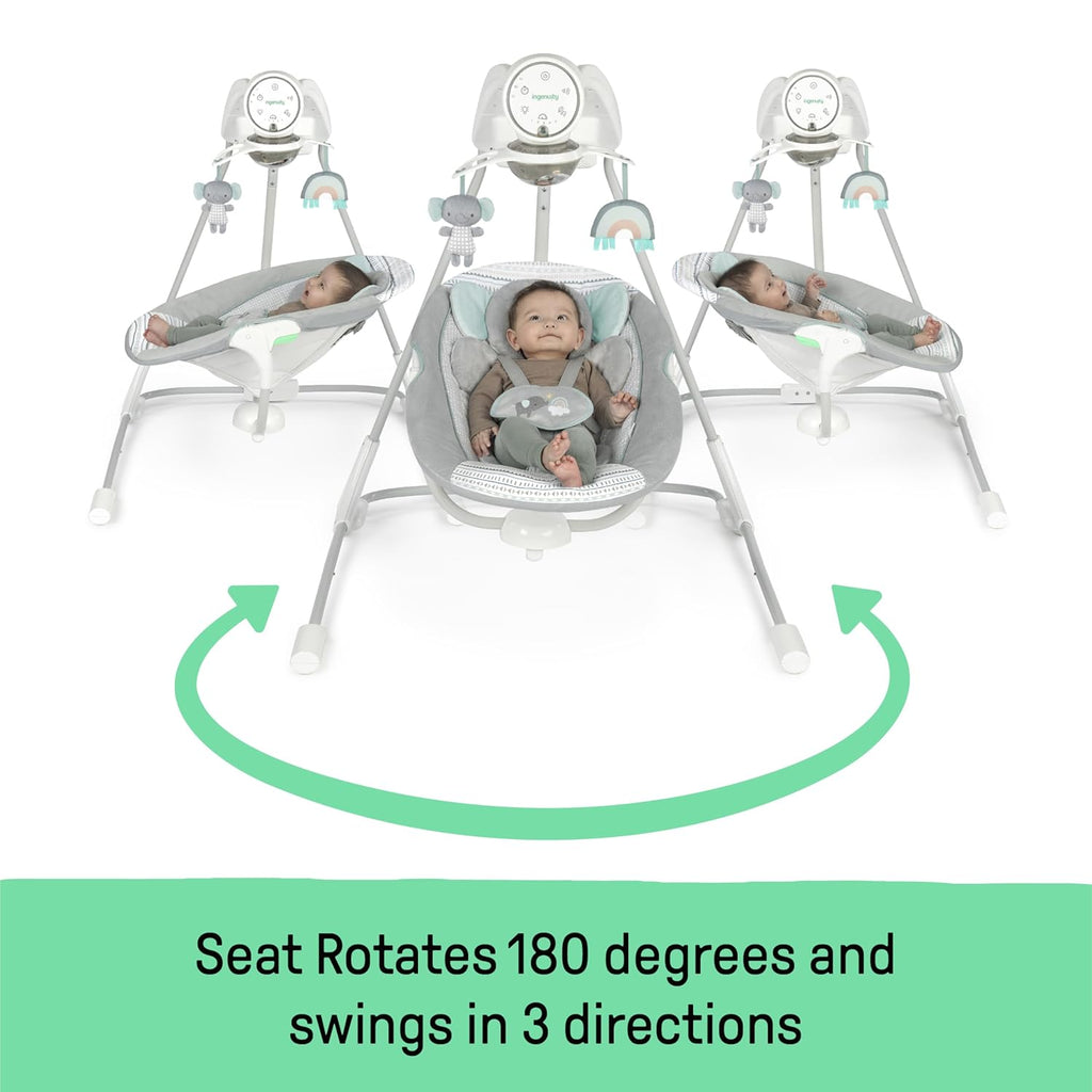 Ingenuity InLighten 5-Speed Baby Swing Swivel Infant Seat, 5 Point Safety Harness, Nature Sounds, Lights Van Elephant