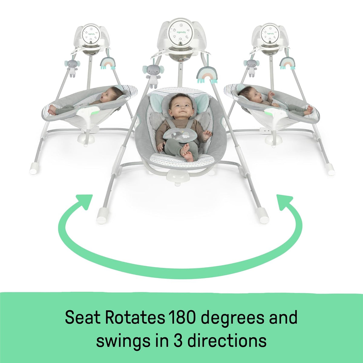 Ingenuity InLighten 5-Speed Baby Swing Swivel Infant Seat, 5 Point Safety Harness, Nature Sounds, Lights Van Elephant