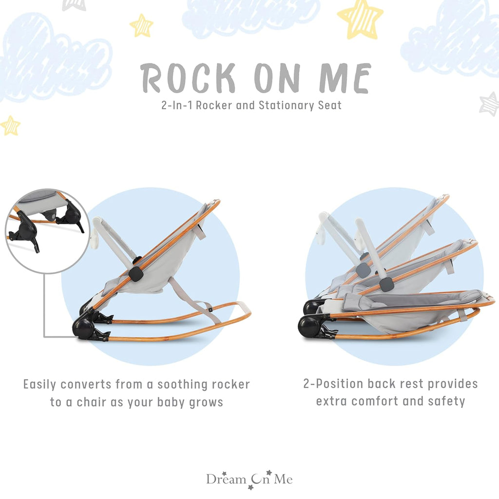 Dream on Me Rock with me 2-in-1 Rocker and Stationary Seat | Compact Portable Infant Rocker with Removable Toys Bar &amp; Hanging Toys in Grey
