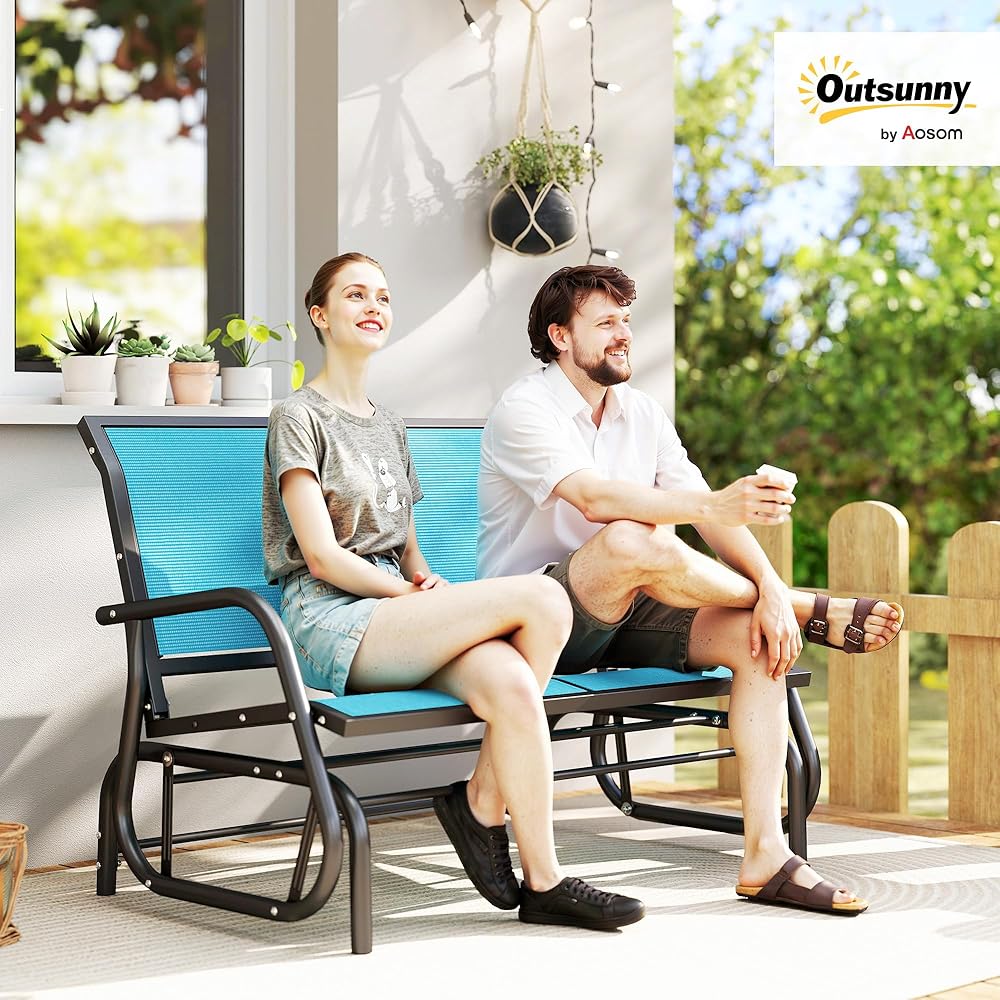 Outsunny 2-Person Outdoor Glider Bench, Patio Double Swing Rocking Chair Loveseat w/Powder Coated Steel Frame for Backyard Garden Porch, Blue