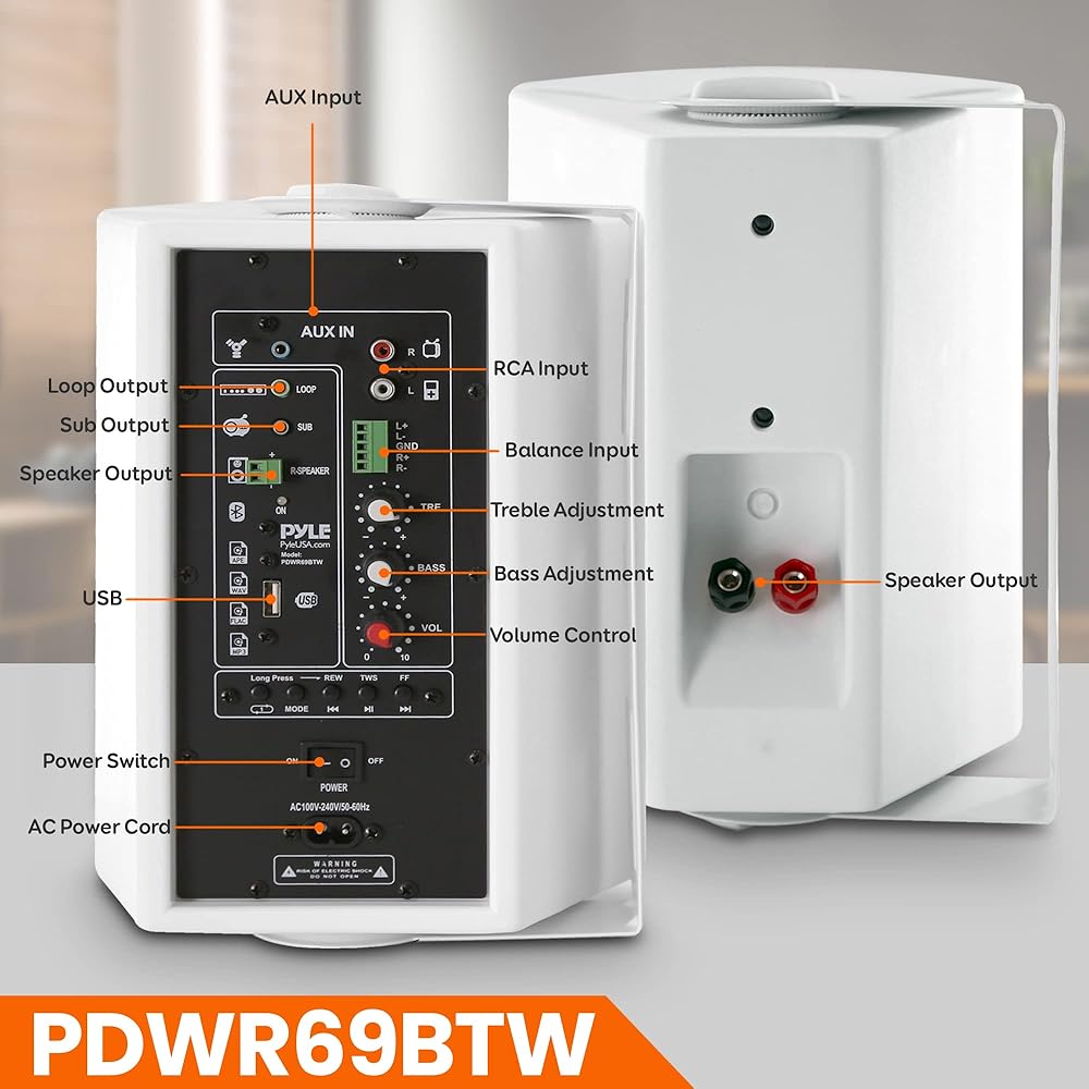 Pyle 6.5'' Wireless BT Streaming Speakers Pro-Active, Wall Mountable, 100W MAX w/ 2-Way Full Range Stereo Sound Reproduction, Built-in Digital Sound Amplifier, Pair, Elegant White Color PDWR69BTW