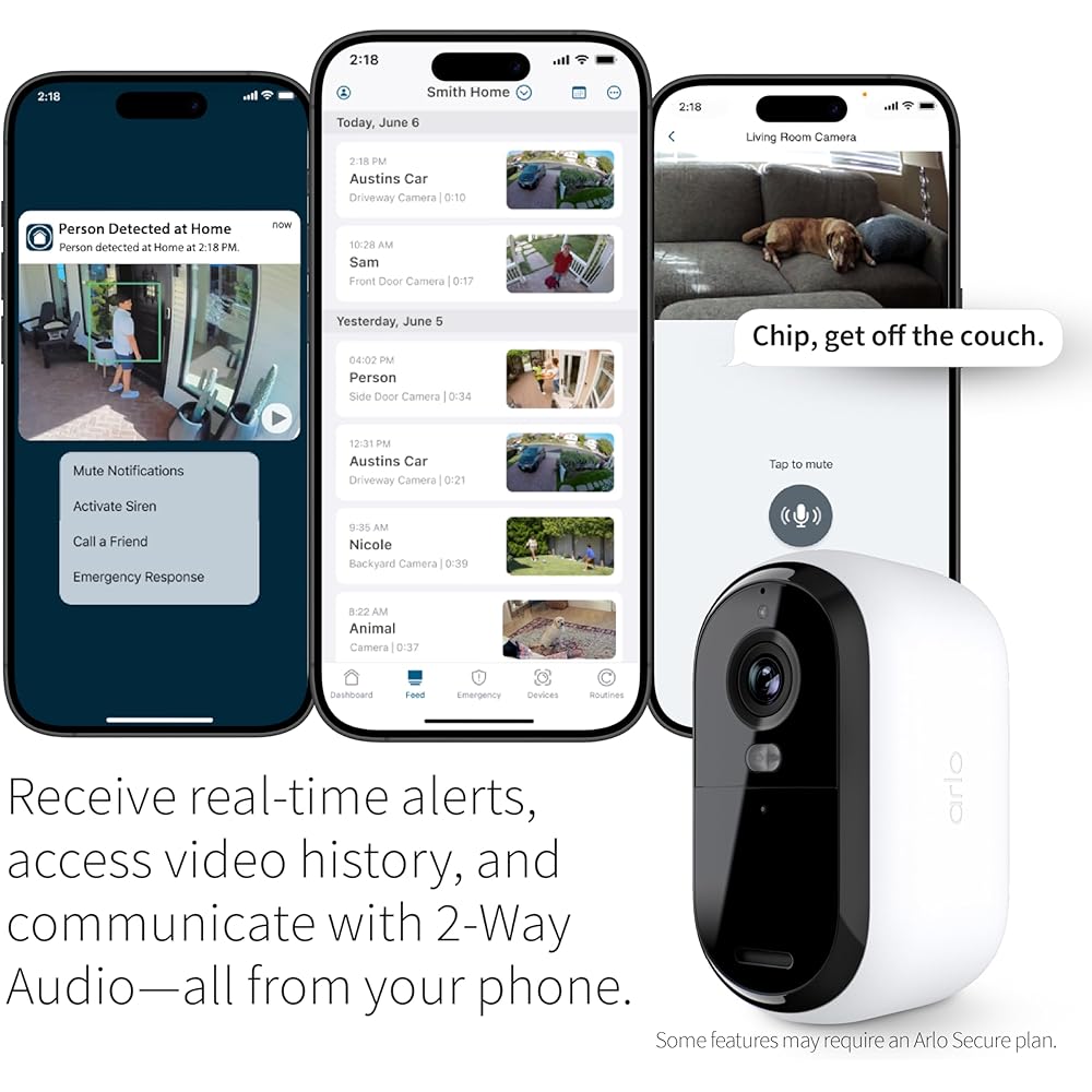 Arlo Essential Security Camera 1080p HD | Outdoor Indoor | 2nd Gen | Wireless with Spotlight, 2-Way Audio, Color Night Vision, Live Stream, Real Time Notifications, Wide Angle White, 3 Cameras