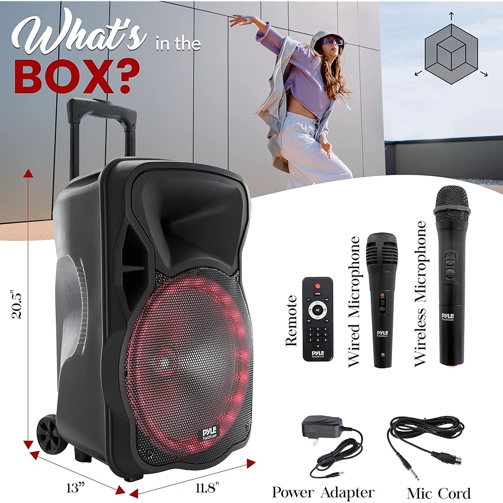 PyleUsa Portable Bluetooth PA Speaker-300W 12” Rechargeable Indoor/Outdoor BT Karaoke Audio System LED Display, FM/AUX/MP3/USB/SD,1/4" in, Handle, Wheels-Wireless &amp; Wired Mic, Remote Control