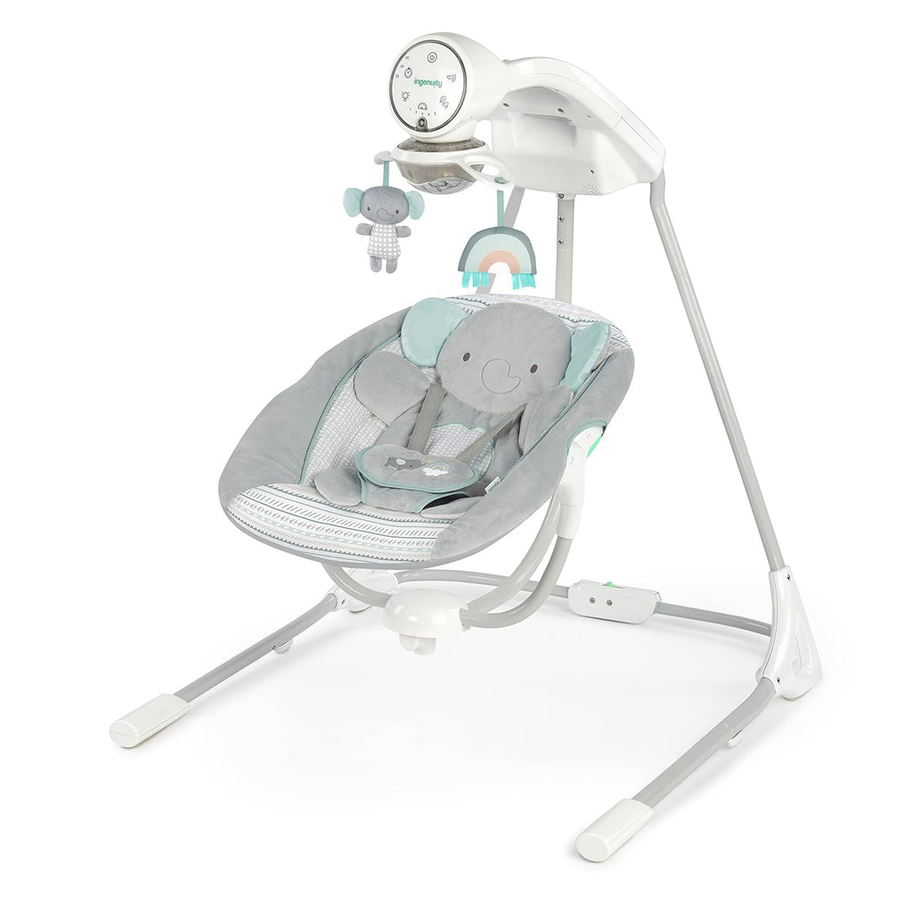 Ingenuity InLighten 5-Speed Baby Swing Swivel Infant Seat, 5 Point Safety Harness, Nature Sounds, Lights Van Elephant