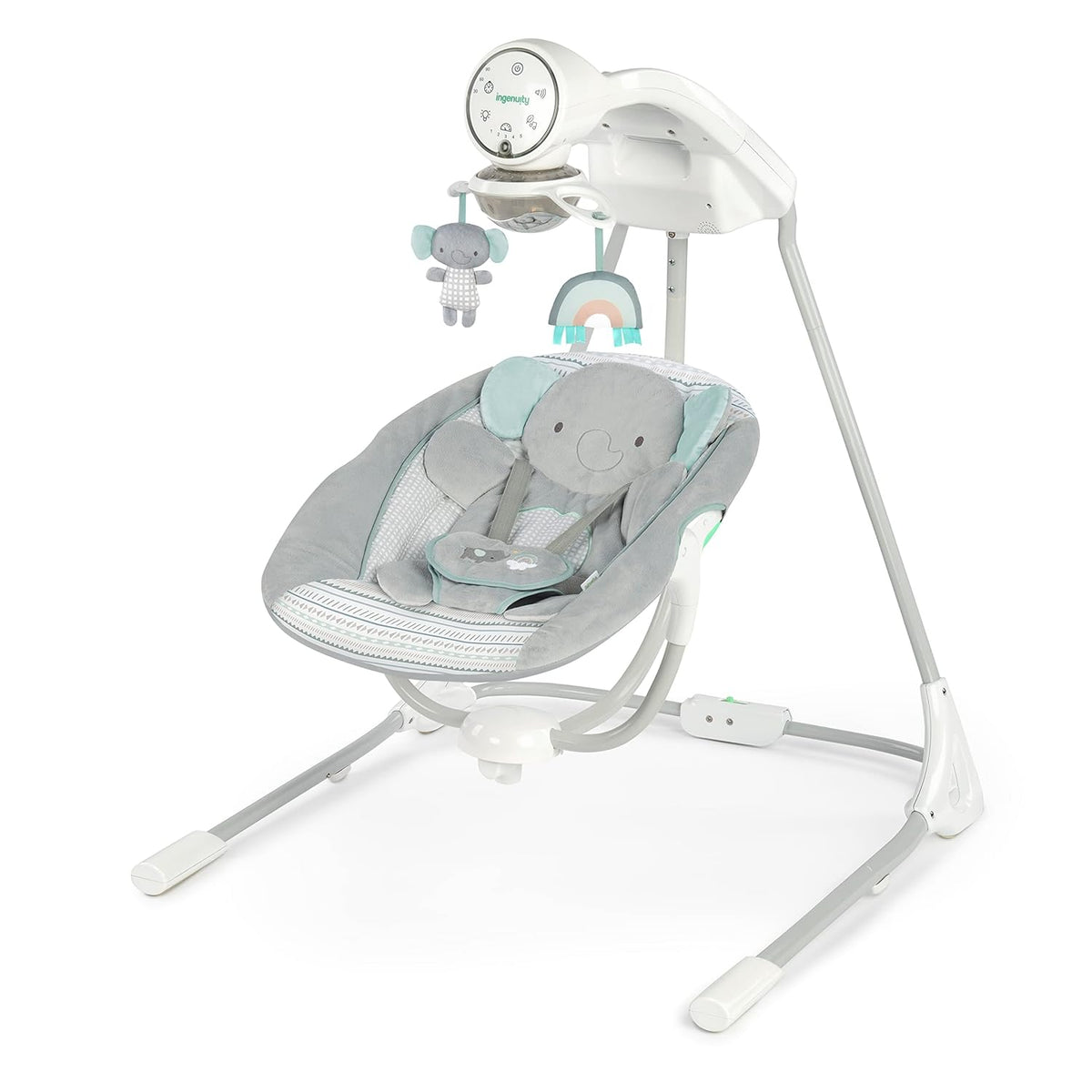 Ingenuity InLighten 5-Speed Baby Swing Swivel Infant Seat, 5 Point Safety Harness, Nature Sounds, Lights Van Elephant