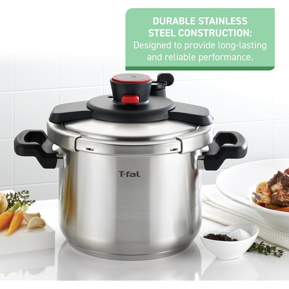 T-fal Clipso Stainless Steel Pressure Cooker 6.3 Quart, Induction, Secure locking System, One Hand System, Recipe Book Included, Cookware, Pots and Pans, Kitchen, Dishwasher Safe, Silver