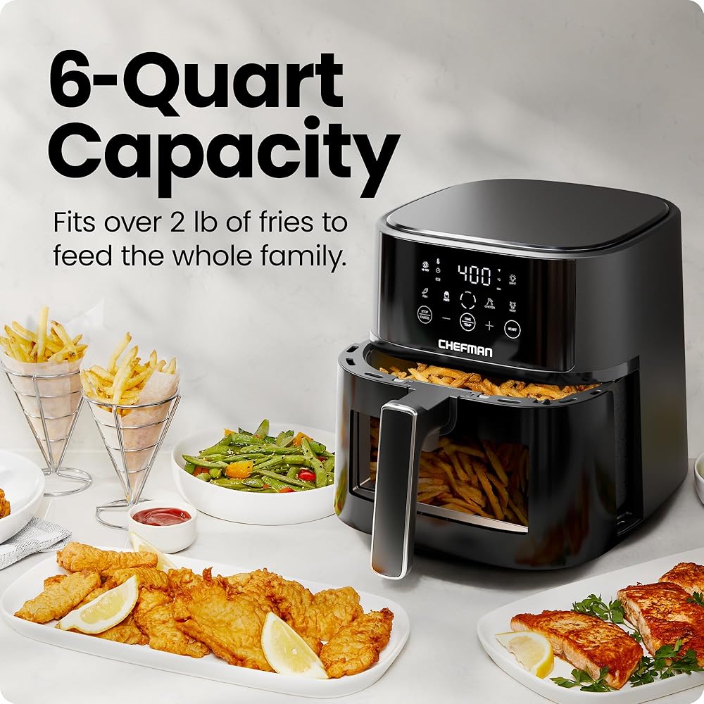 Chefman Air Fryer – 6 QT Compact Airfryer for Quick &amp; Easy Meals, Features Hi-Fry Technology for Extra Crisp, Easy-View Window, Touch Controls with 4 Presets, Nonstick &amp; Dishwasher Safe Basket Black