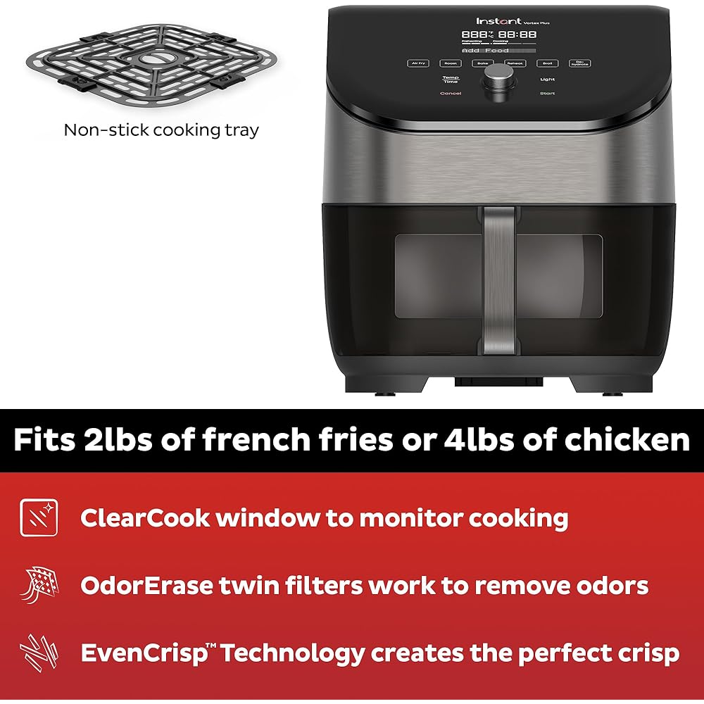 Instant Pot Vortex Plus 6QT Air Fryer with Odor Erase Technology,6-in-1 Functions that Crisps,Roasts, Broils,Dehydrates, Bakes &amp; Reheats, 100+In-App Recipes, from the Makers of Instant Pot,1700W,Black