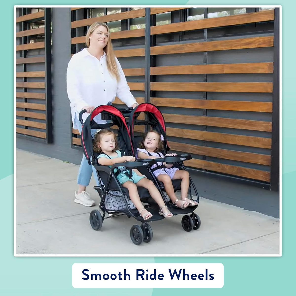 Kolcraft Cloud Plus Double Stroller Side by Side for Baby and Toddler, Compact and Travel Friendly, Reclining Seats, Child &amp; Parent Trays, Large Storage, Extendable Canopies, Collapsible Red/Black